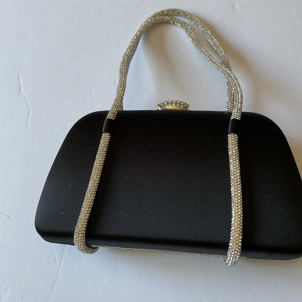 NINA BLACK SATIN EVENING BAG WITH CRYSTAL EMBELLISHED HANDLES AND CLASP NWOT